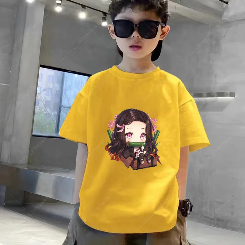 3-14 Years Old Cartoon Demon Slayer Print T-Shirts Boys Girls Summer Children Clothes Cotton Printing Short Sleeve O-Neck Tops