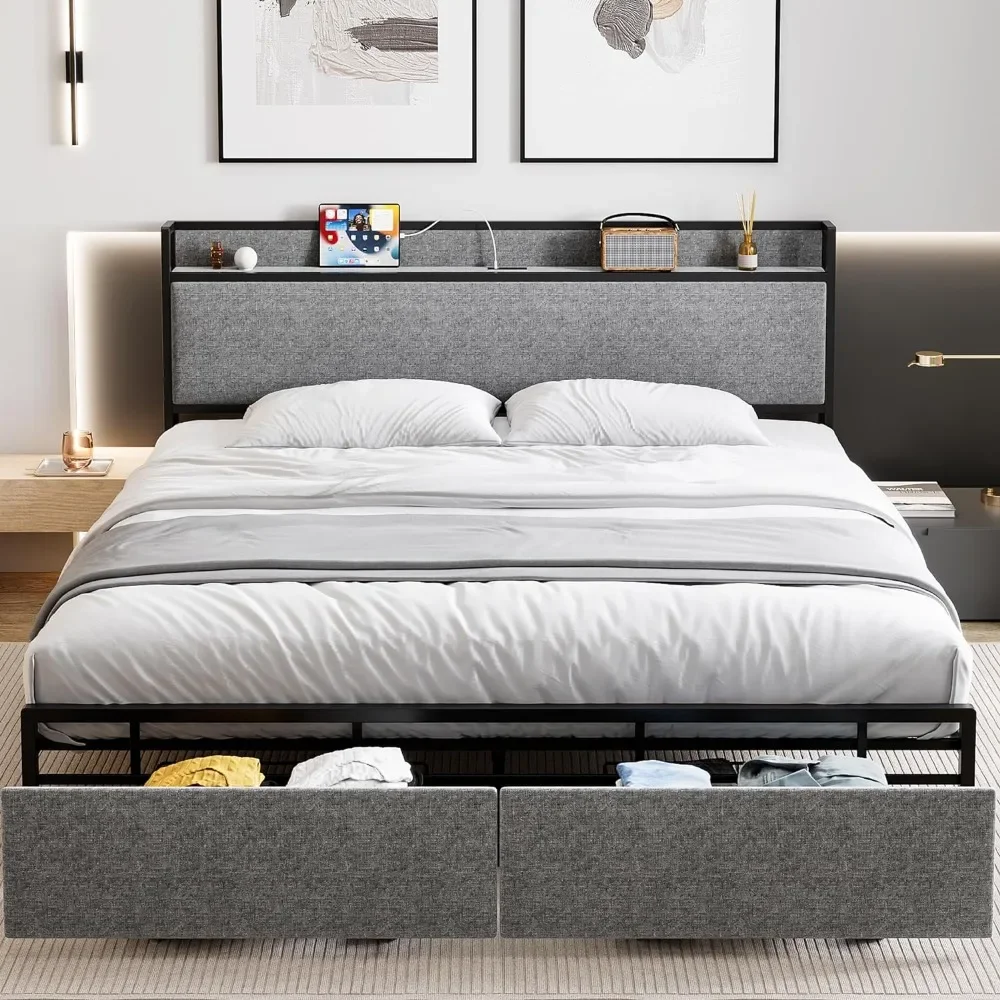 

Queen Size Bed Frame with 2 Storage Drawers and Headboard, Upholstered Bed Frame Queen Size with Charging Station