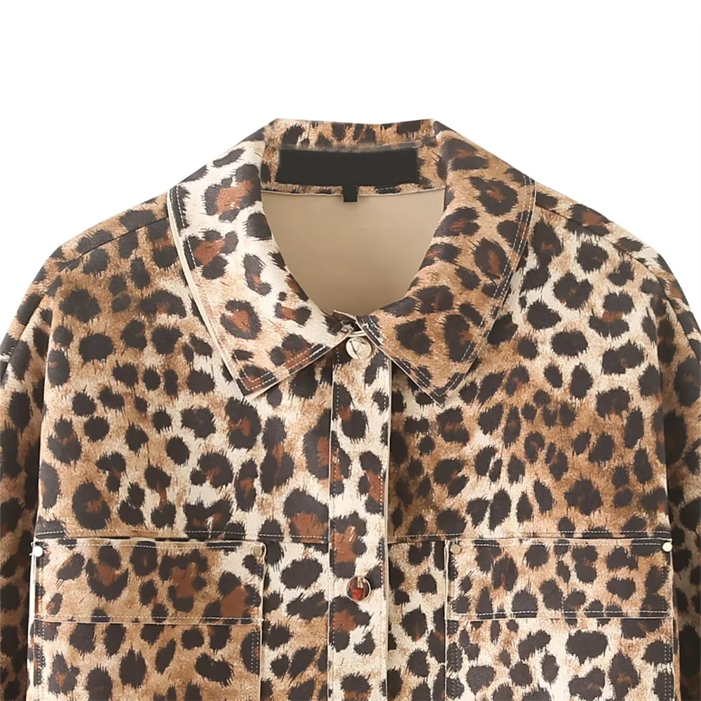 PB&ZA 2024 Early Autumn New Women\'s Casual Fashion Pocket Decoration All-match Leopard Print Long Sleeve Lapel Shirt