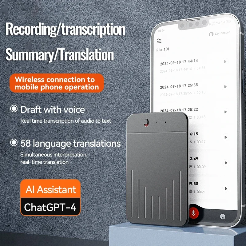 8-128 جيجابايت AI ChatGPT-4 مسجل صوت ذكي تطبيق الصوت سجل المكالمات الهاتفية نقل Summarize جهاز تحويل الصوت إلى النص