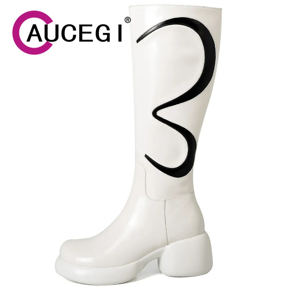 

Aucegi New Style Round Toe Woman Knee High Boots Zipper Fashion Genuine Leather Autumn Thick Heel Casual Manual Made Shoes