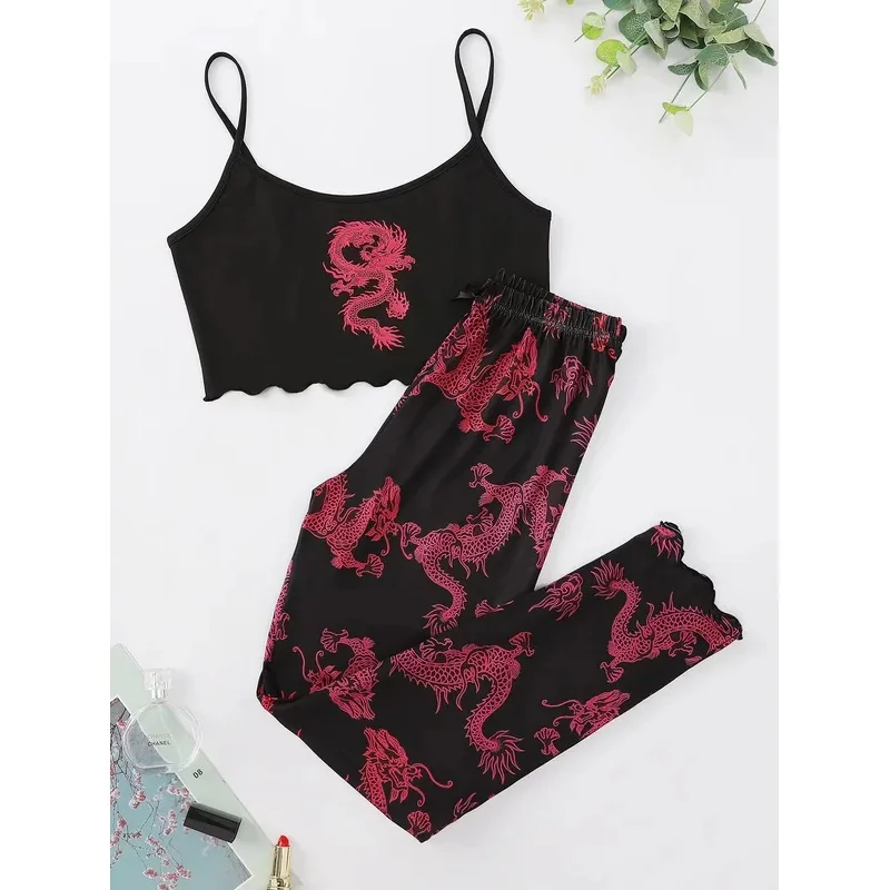 

New Style Lady Summer Chinese dragon Print Camisole With Pants Pajama Set Fashion Comfortable Home Wear Sleepwear Underwear