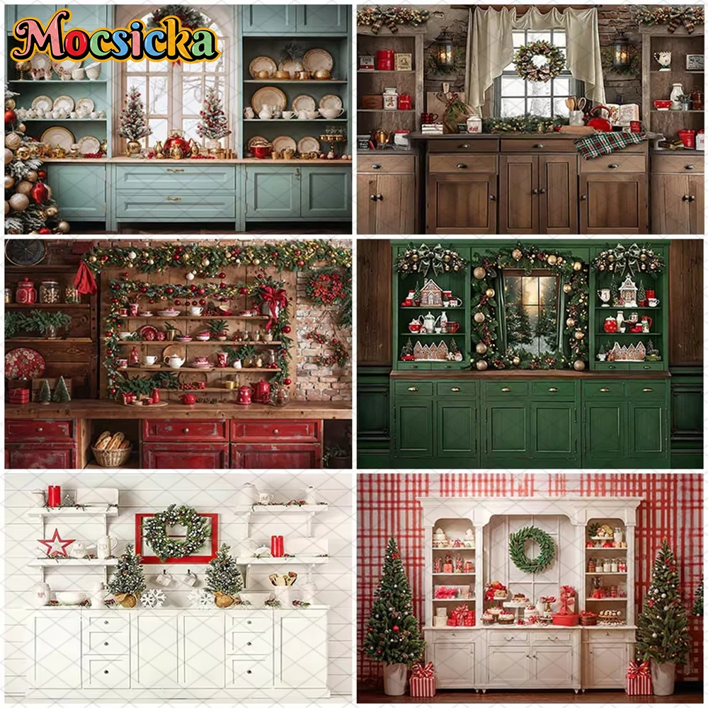 

Mocsicka Christmas Kitchen Photography Background Indoor Cook Window Xmas Tree Decors Kids Family Portrait Photo Studio Backdrop