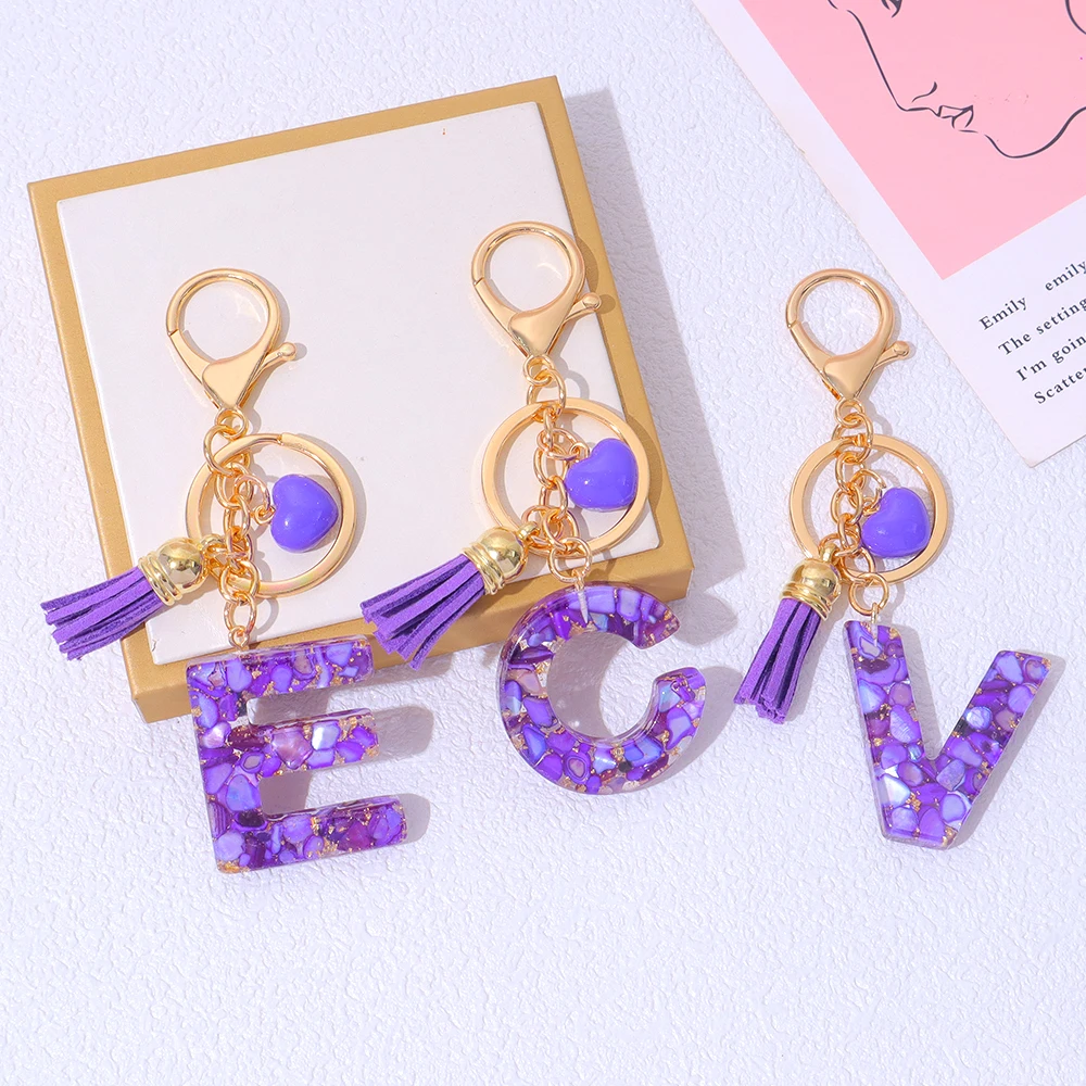 26 Initial Purple Sequin Resin Keychain Cute Heart Tassel Pendant Keyring Handbag Ornaments Car Trinket for Women Gift Souvenir