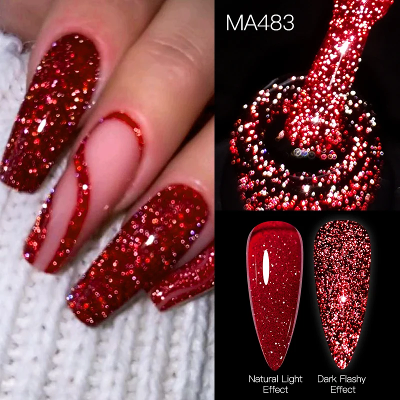 MEET ACROSS 7ML Reflective Glitter Gel Nail Polish Super Bright Sparkling Red Gorgeous Manicure Nail Art Need Base Top Coat Gel