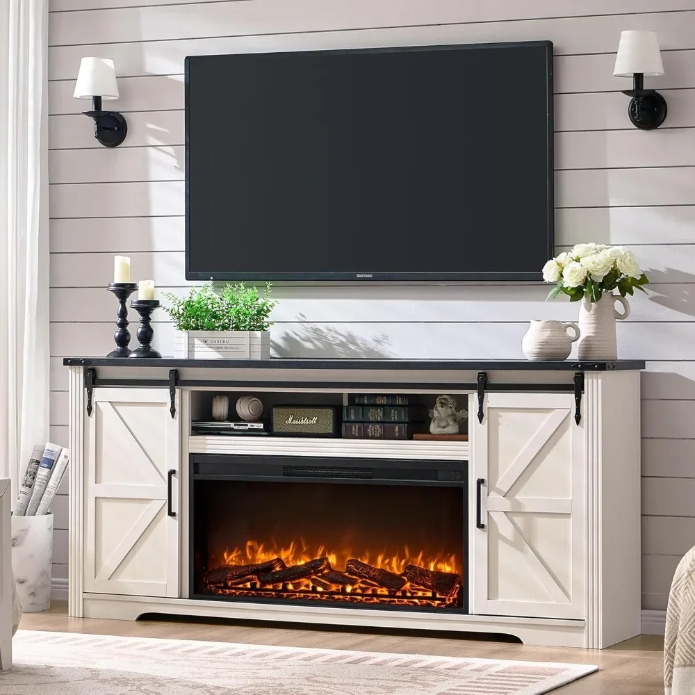 Fireplace TV Stand with Sliding Barn Door & Storage Drawers for 80In TV Center with 36