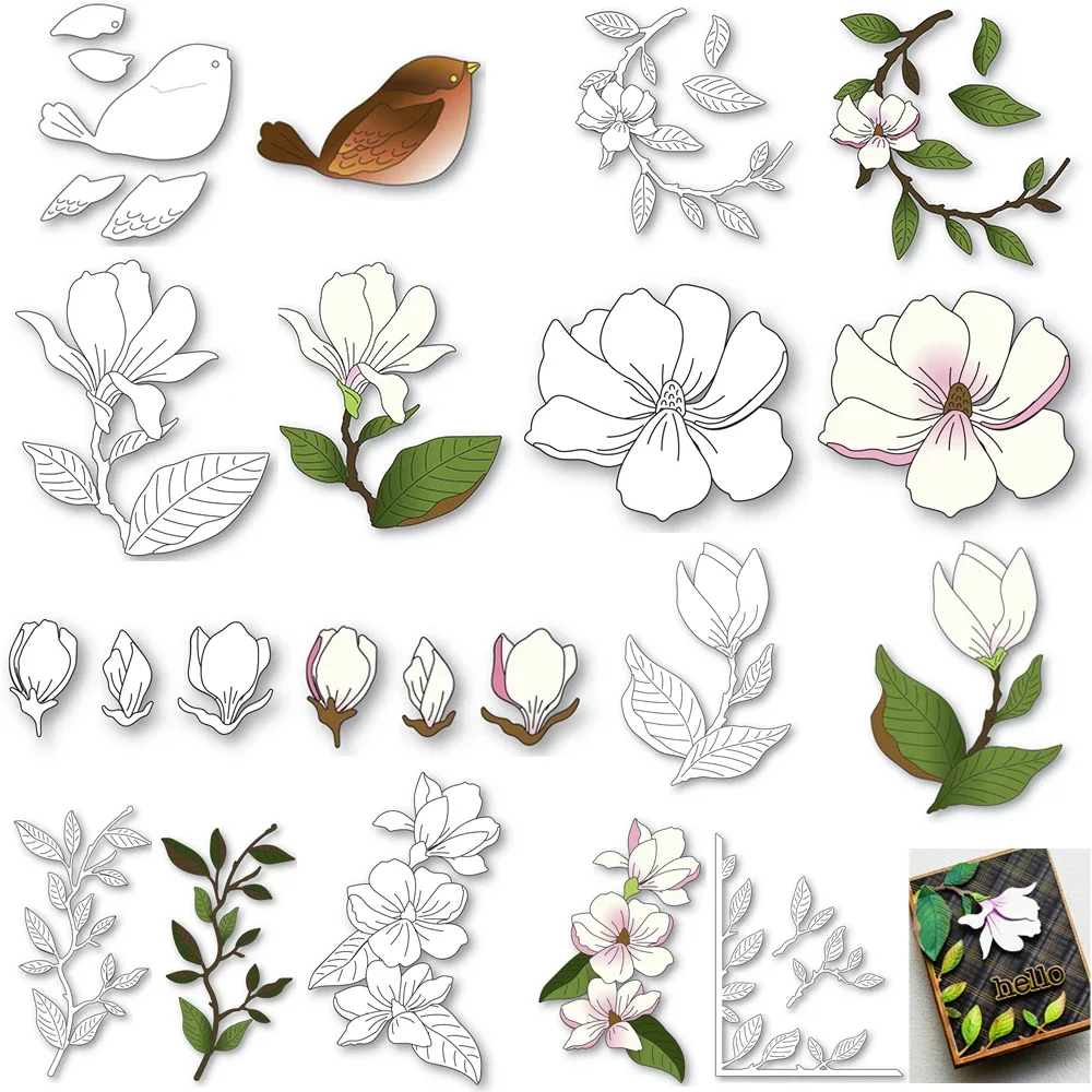 Magnolienblüten-Metall-Stanzformen, Blumenblätter, Zweige, Basteln, gestanzt, für DIY Scrapbooking, Papierkarten, geprägtes Basteln, Neu 2023
