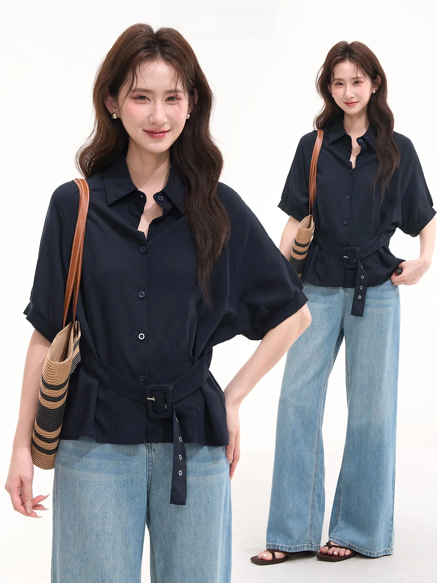 

Heme Commuter Style Shirt Women's Belted Slimming Top Fashionable Versatile Short Sleeve Casual Business Blend Ruche Detail
