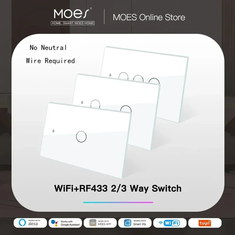 

MOES WiFi Умный выключатель света RF433 Без нейтрального провода Single Fire Smart Life Управление приложением Tuya работает с Alexa Google Home 110/220 В