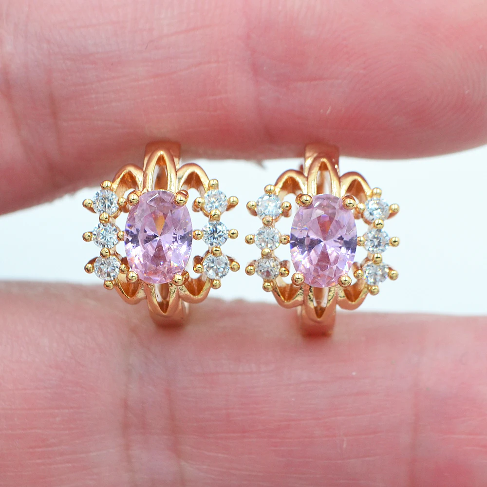 Fashion Gold Color Pink Zircon CZ Flower Huggie Hoop Earrings for Women