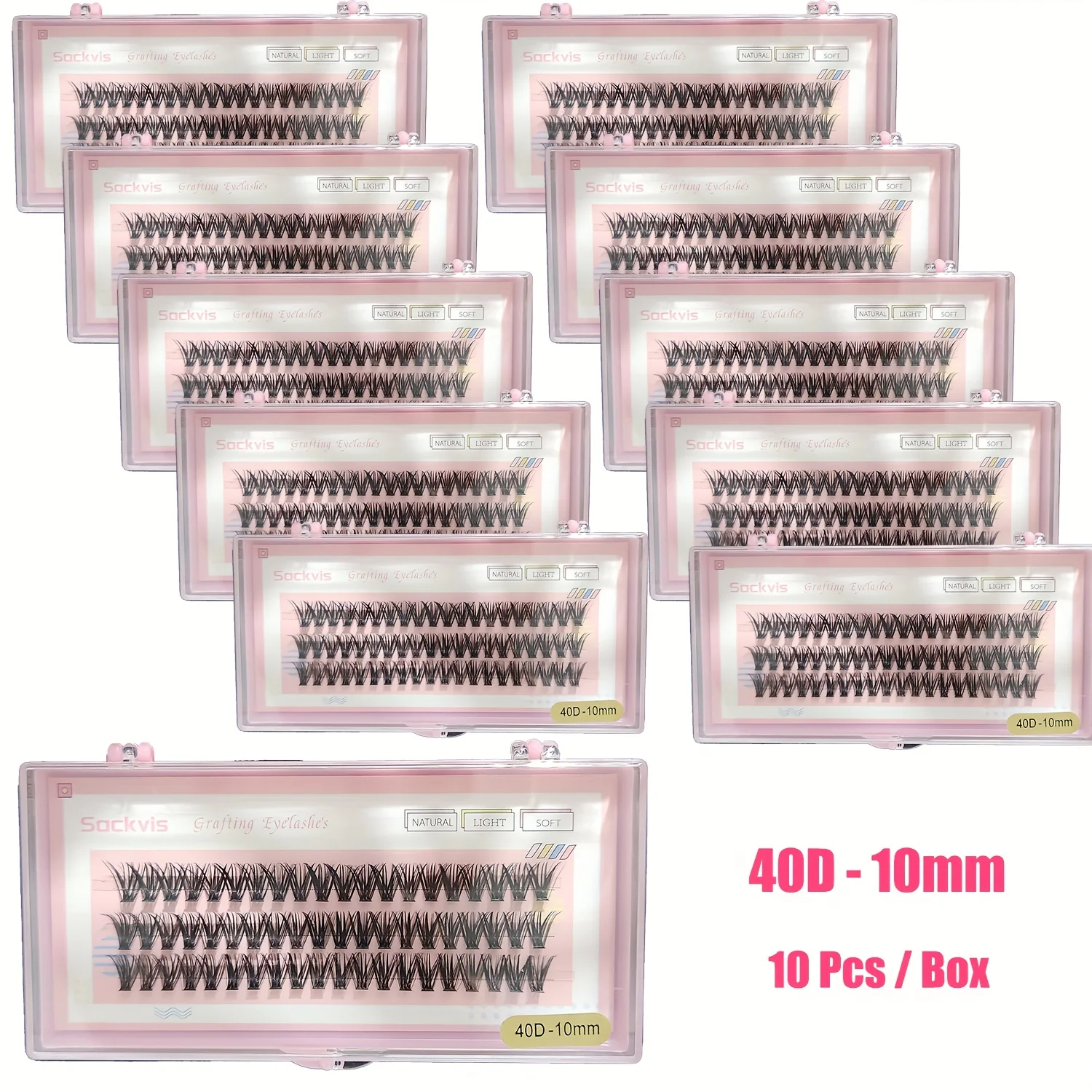 Sackvis 10 Boxes of 40D Pink False Eyelashes 0.07mm 9/10/11/12/13/14mm Mixed Natural Eyelashes Clusters