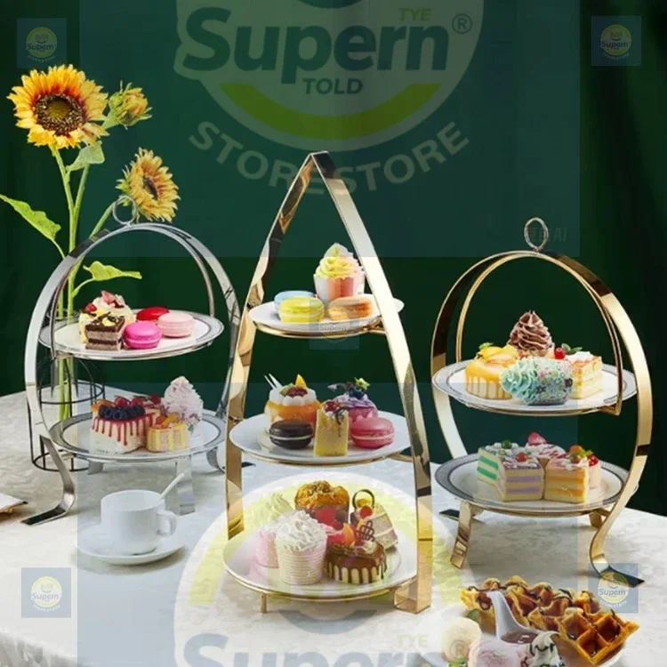 

Huadison Five Star Hotel Luxury Dessert Display Stand 3 Tiers Golden Cake Stand for Wedding Party