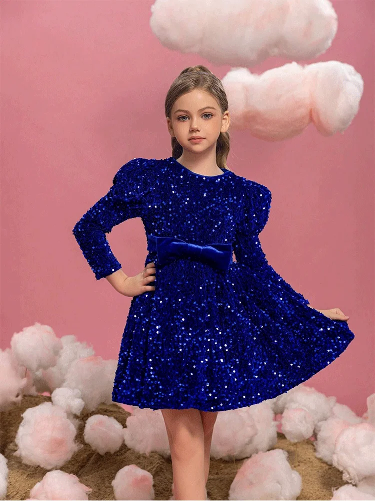 Girls Autumn And Winter Long Sleeve Sequin Wedding Flower Girl Evening Dress Banquet Birthday Party Prom Dress Girl Stage Dress