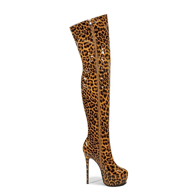 European and American Sexy High-heeled Thick Soled Leopard Print Knee High Boots for Women\'s Nightclub Steel Pipe Dance Boots