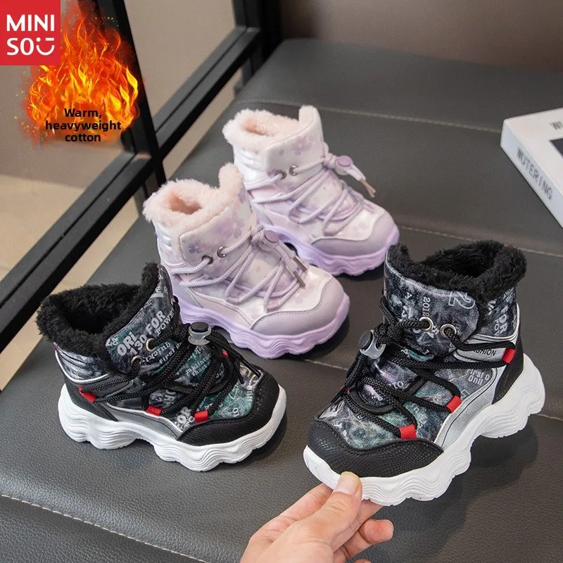 miniso-kids-snow-boots-winter-new-thick-fleece-lined-warm-anti-slip-short-boots-for-boys-girls