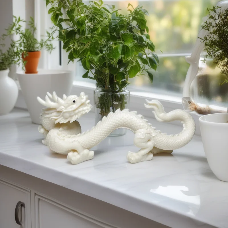 Kleines weißes Drache-Maskottchen, dekorative Statue, Kunstharz-Skulptur, chinesischer Gott, Biest, Zuhause, Zimmer, Büro, Auto, Aquarium, Feng Shui-Statue