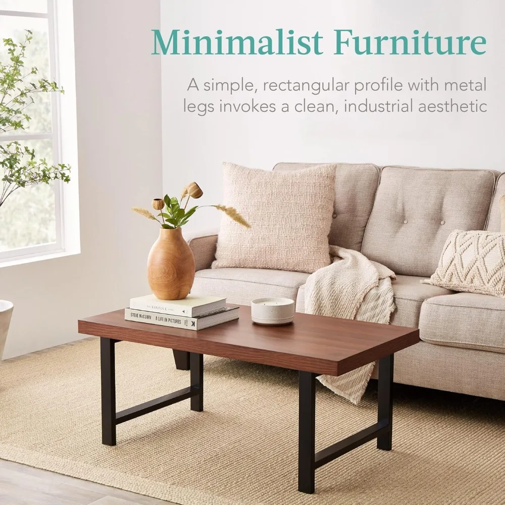 44in Modern Coffee Table Butcher Block Top Large Accent Table, Rectangular Wood Industrial Rustic Coffee