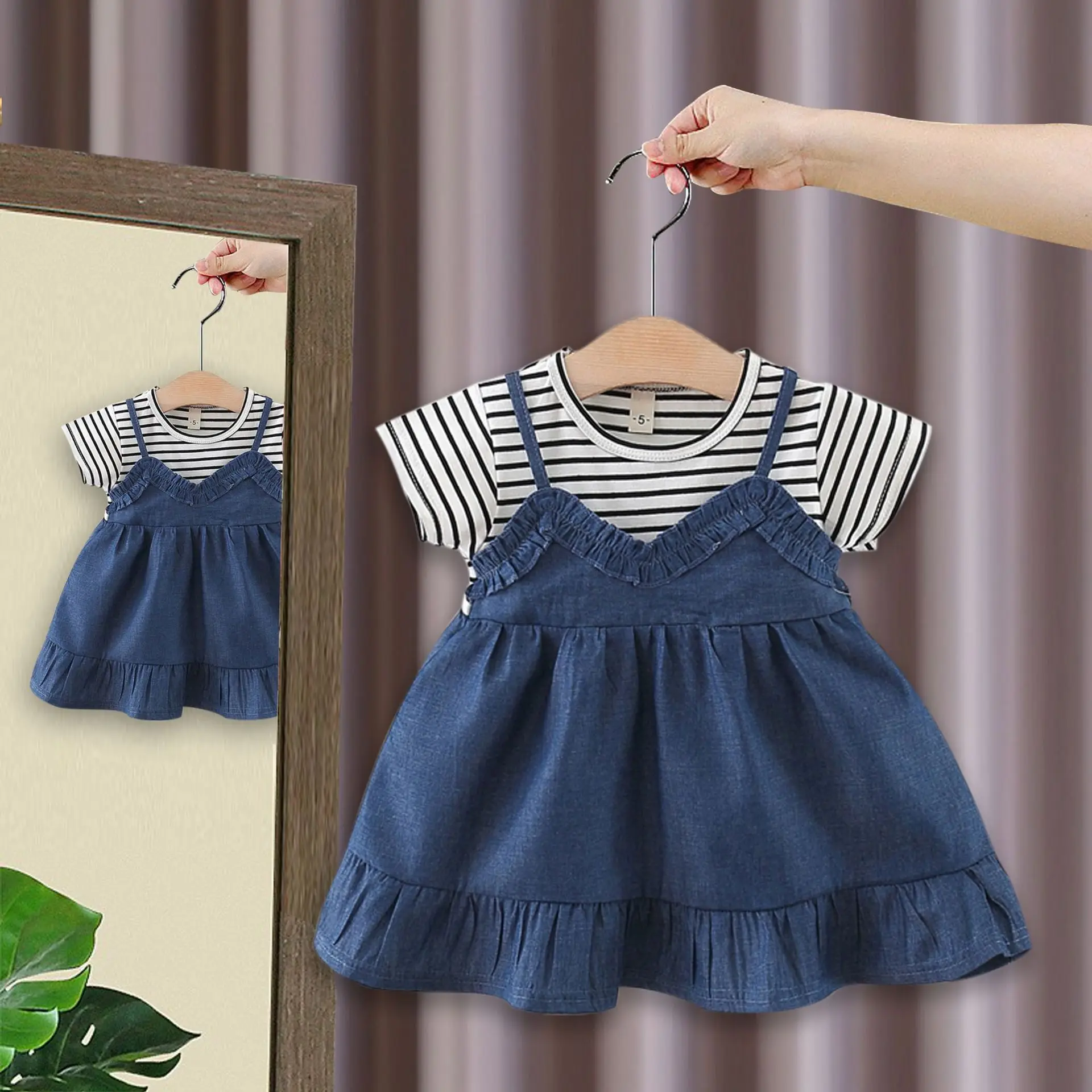 Summer newborn girl baby clothes infant striped denim patchwork dress costume for girl baby clothing 1st birthday dresses dress