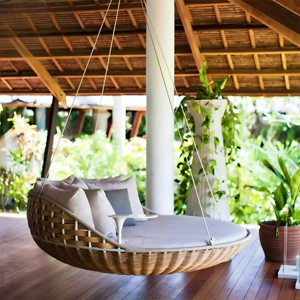 New Outdoor Furniture Set Rattan Daybed Swing Patio Leisure Hanging Rattan Wicker Swings Lounger Round Sunbed for Balcony