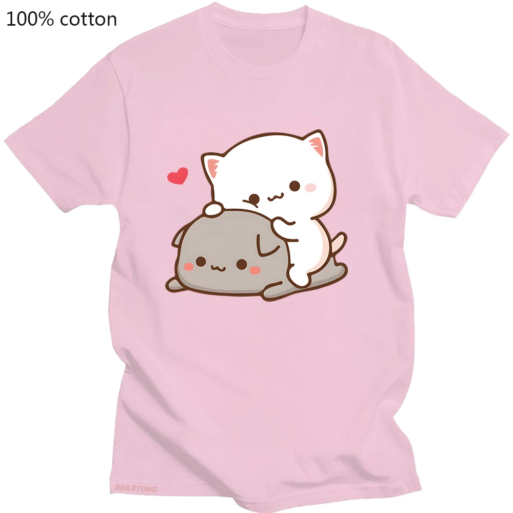 Pfirsich Katze Goma und Mochi T-shirt Neue Sommer Stil T Hemd Femme Nette Print Frauen T-shirt Mode Harajuku paar 100% Baumwolle