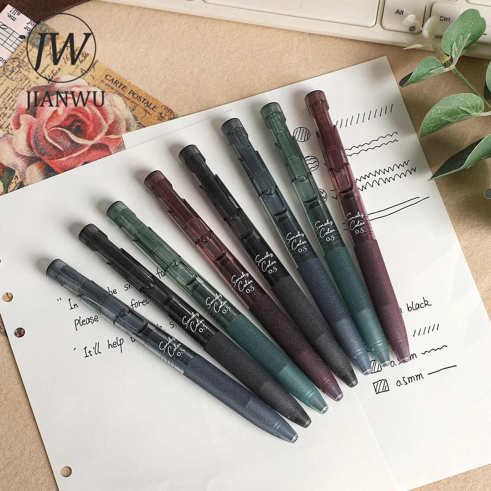 JIANWU Vintage Smoky Color Press Gel Pen 0.5mm Black Quick Drying Creative DIY Journal Student Supplies Stationery