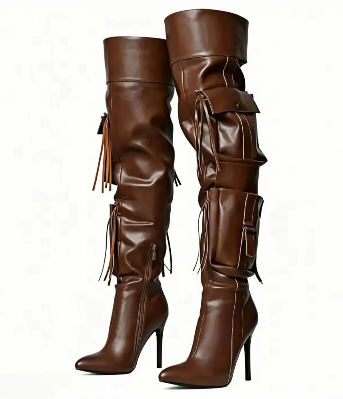 Sandalias de mujer, Zapatos de tacón de mujer, Zapatillas de hombre Chunta 6.0, Botas altas de tacón de aguja con bolsillos cargo, borlas y cremallera, estilo punk, para uso diario y club
