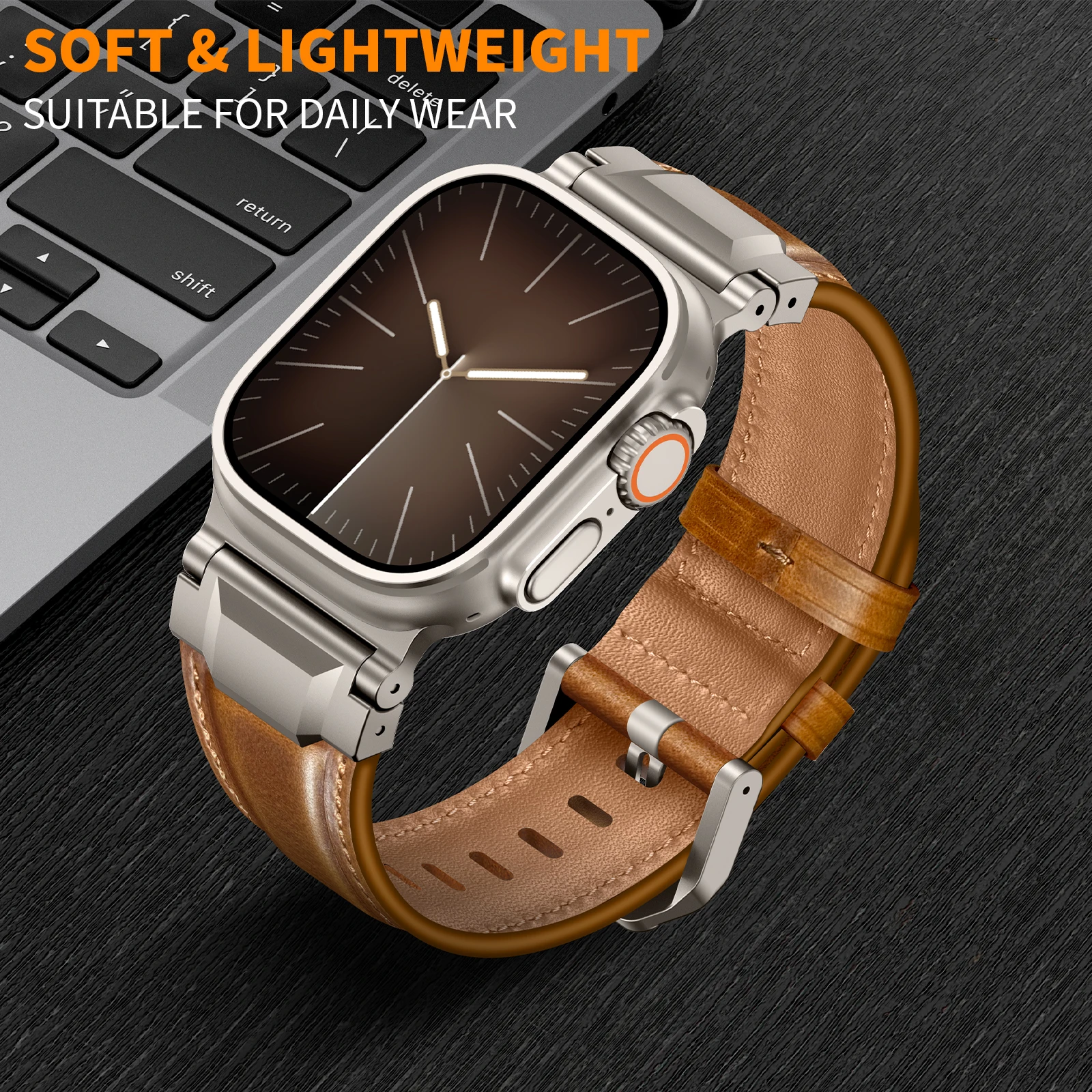 VWAR TOP lederen band voor Apple Watch Ultra 3 2 49 mm titanium connector voor iWatch-serie 11 10 9 8 7 SE 46 mm 45 mm band