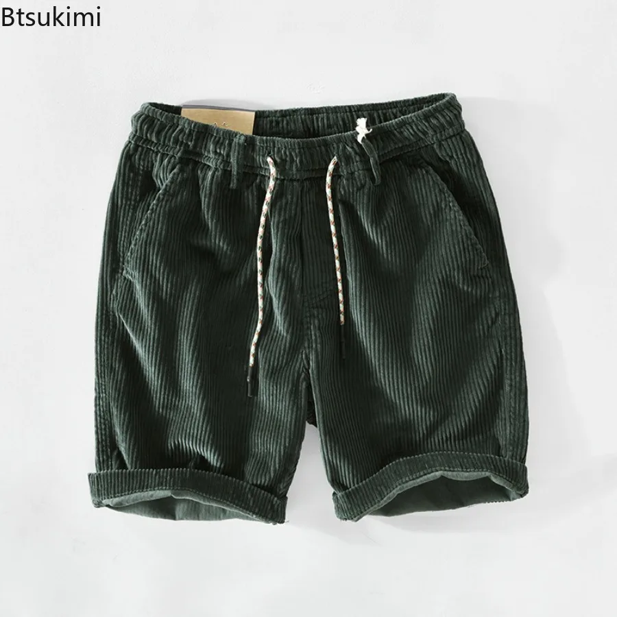 

New Summer Vintage Men's Corduroy Work Shorts Solid Loose Casual Short Pants Trend Streetwear Men Pocket Drawstring Sport Shorts
