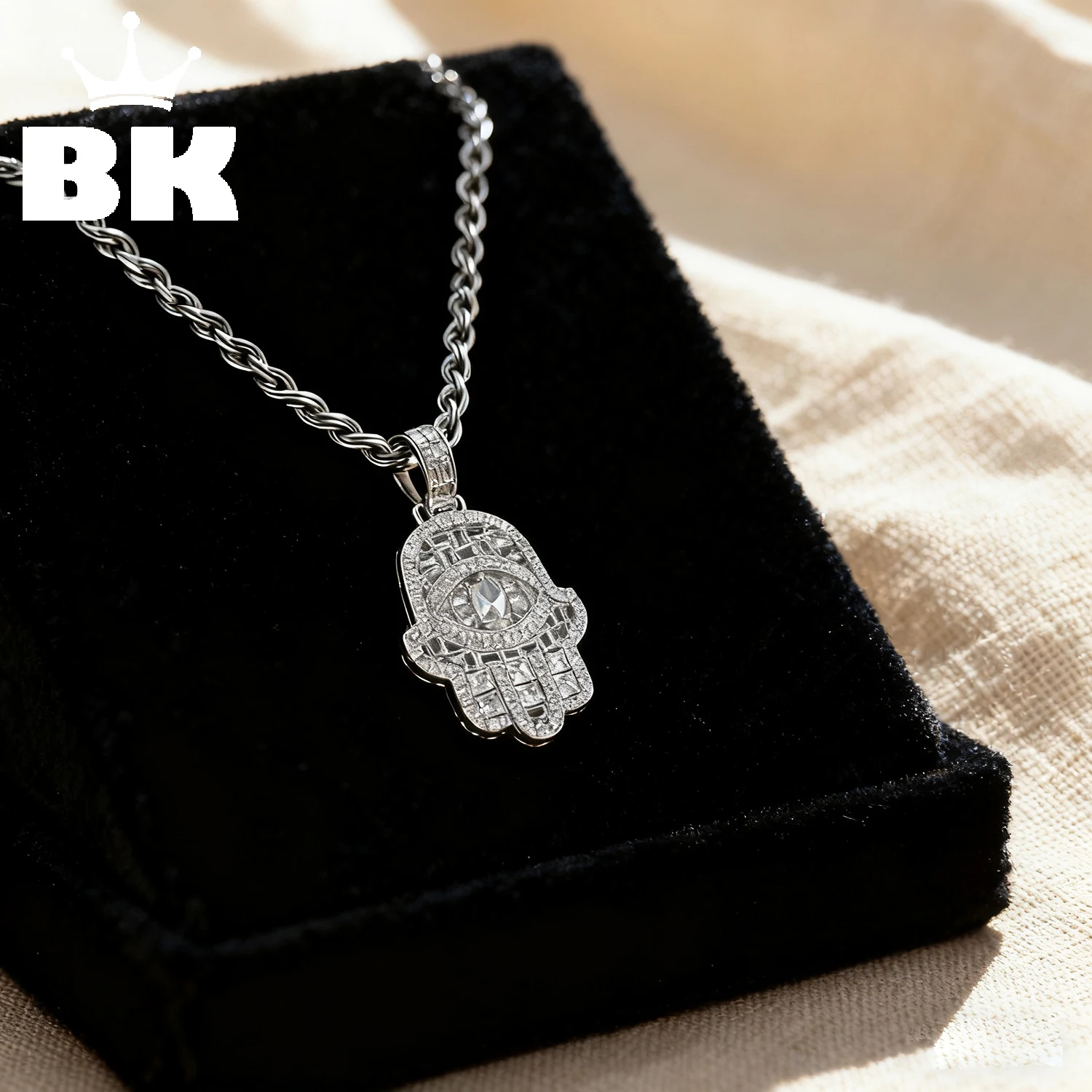 

THE BLING KING Big Stone Eye Pendant Iced Out Baguette Cubic Zirconia Hand of Fatima Necklace Hiphop Jewelry for Men Women Gift