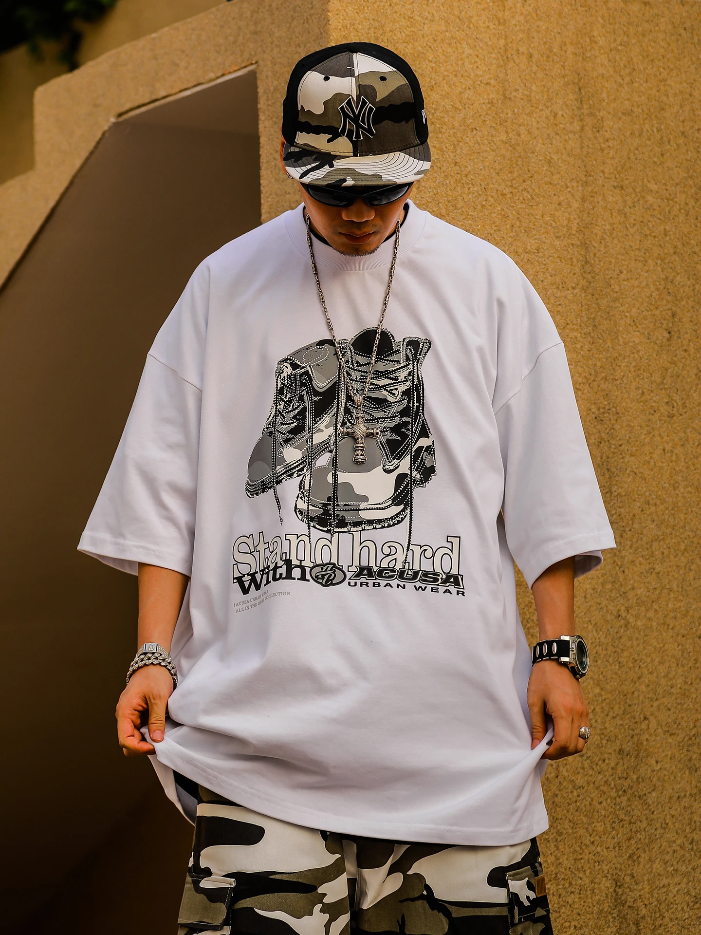 Acusa East Coast Hip Hop Camouflage Print Heavyweight T-Shirt Cuffed Small Collar Men's Summer Cotton Breathable Short Sleeve