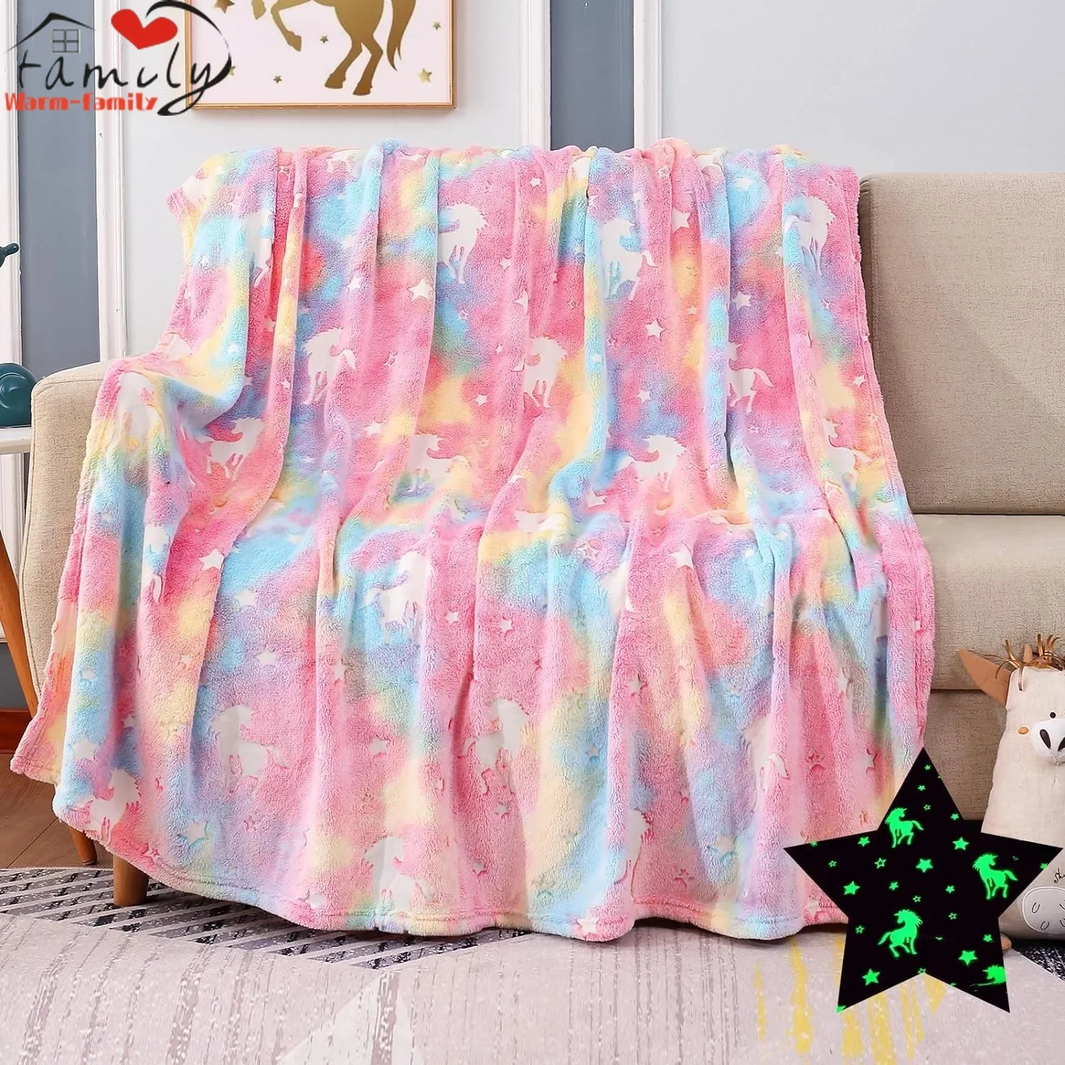 Ins Luxury Trend Unicorn Dinosaur Large Size Glow-in-the Dark Blanket Blanket Double-sided Flannel Glow Blanket for Children