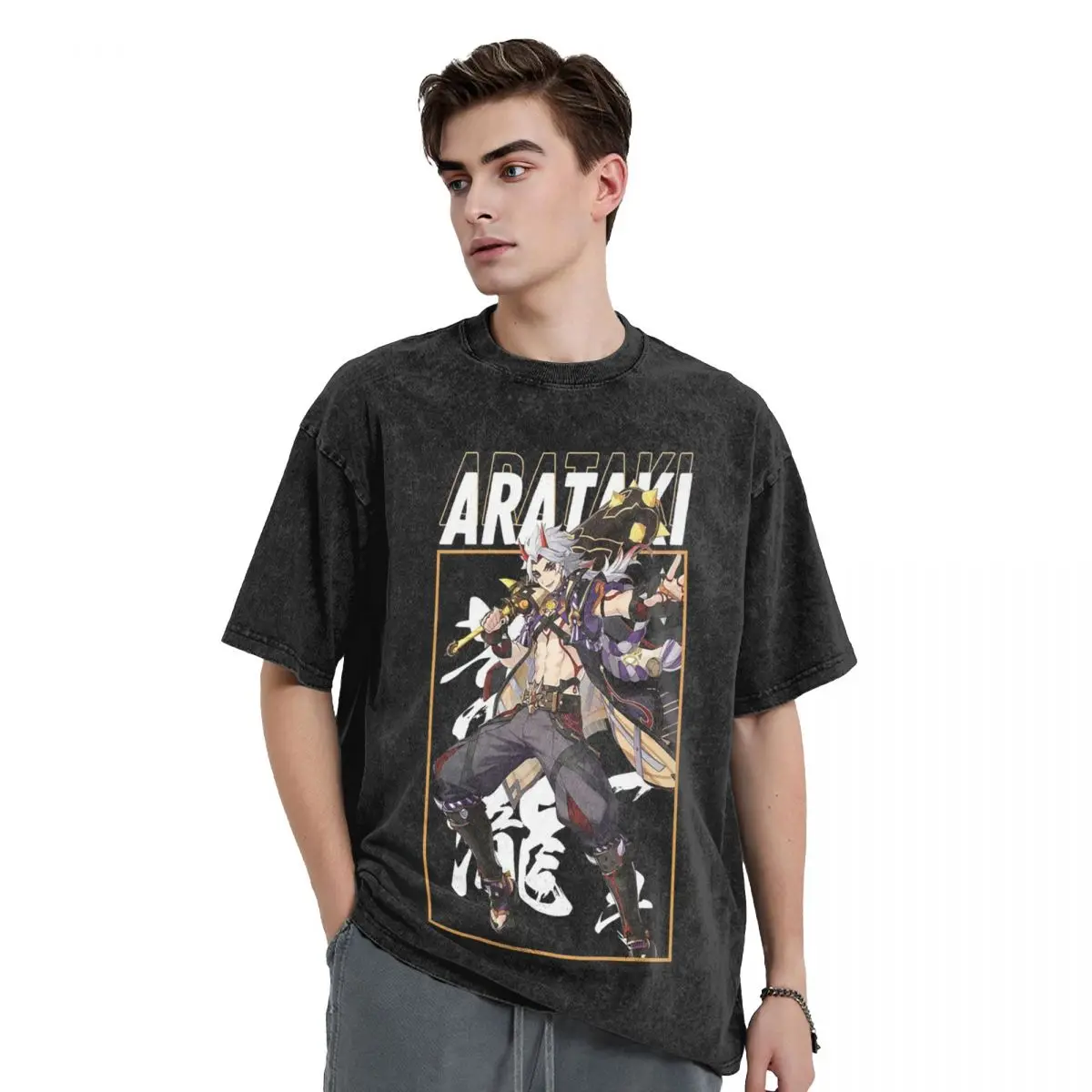 Genshin Impact Arataki Itto Washed T Shirts Cotton Short Sleeve Hip Hop T-Shirt Streetwear Tops Tees for Men Women