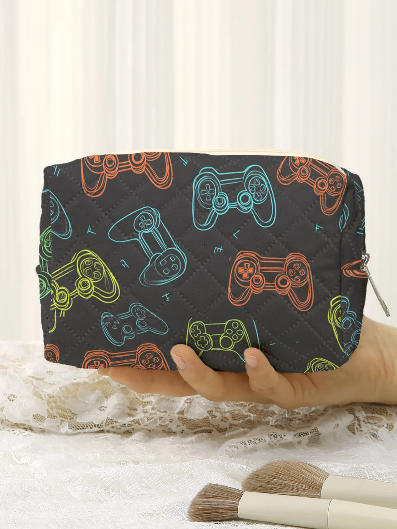 Large Quilted Cosmetic Bag Neon Sketch Game Controller Print Zipper Makeup Bag Boys Gamer Daily Travel Storage Pouch