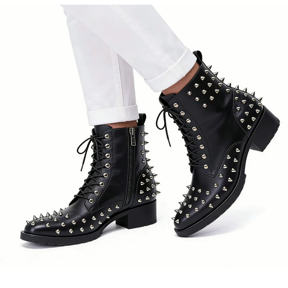 Autumn Genuine Leather Men\'s boots Chelsea Fashion Rivet Lace-up High quality Bright leather  Pointed shoes Dress Boots