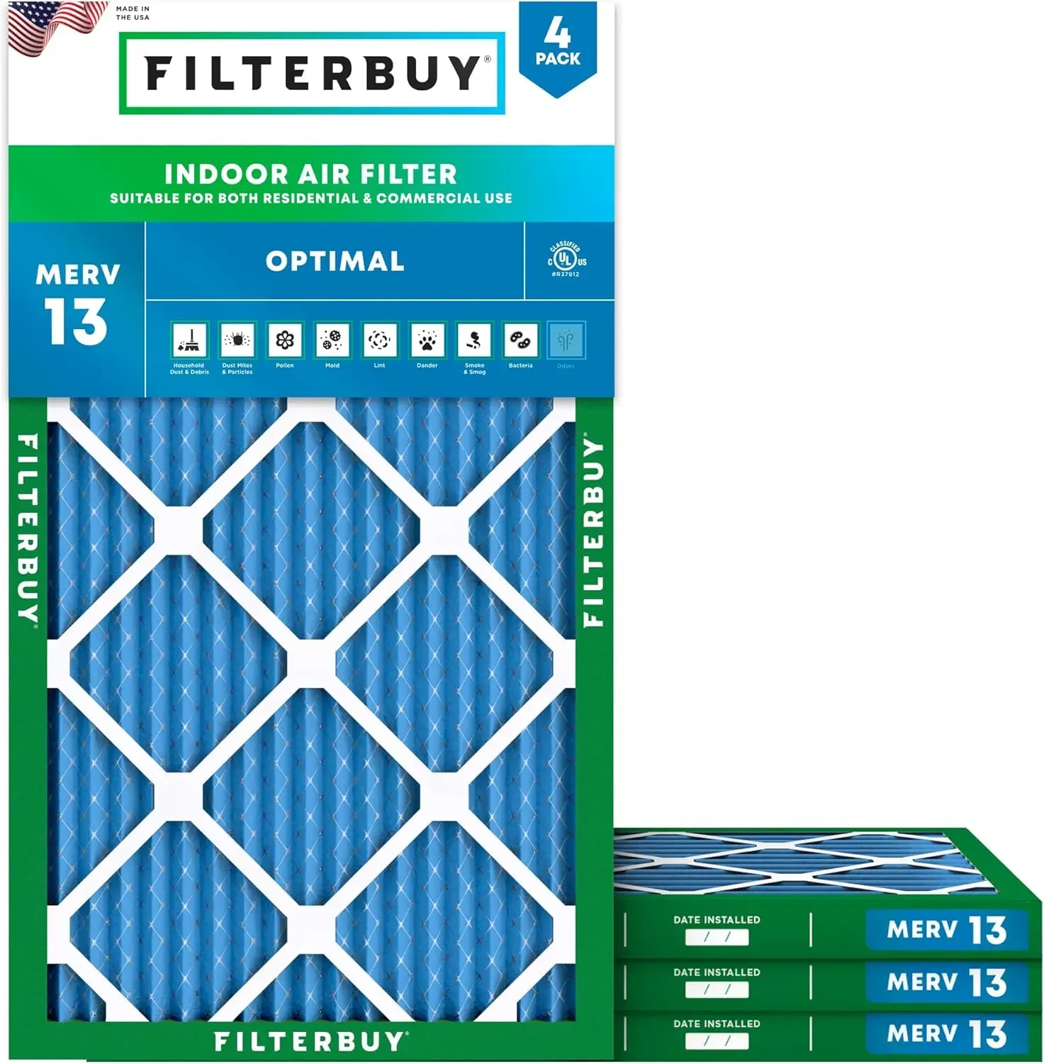 Air Filter MERV 13 Optimal Defense (4-Pack), Pleated HVAC AC Furnace Air Filters Replacement (Actual Size: 14.50 x 29.50 x 1.00