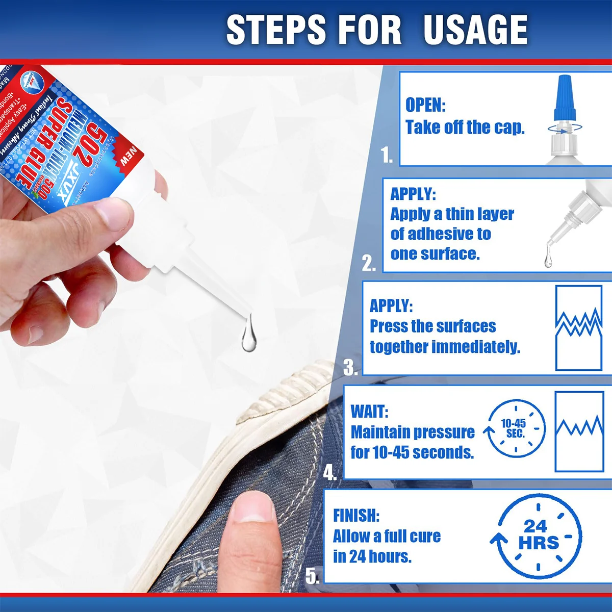 502 Super Cola Extra Forte Líquido Transparente Adesivo Cianoacrilato Reparação de sapatos de viscosidade média, couro, cerâmica, plástico, vidro, metal, madeira, borracha, terracota, modelagem.
