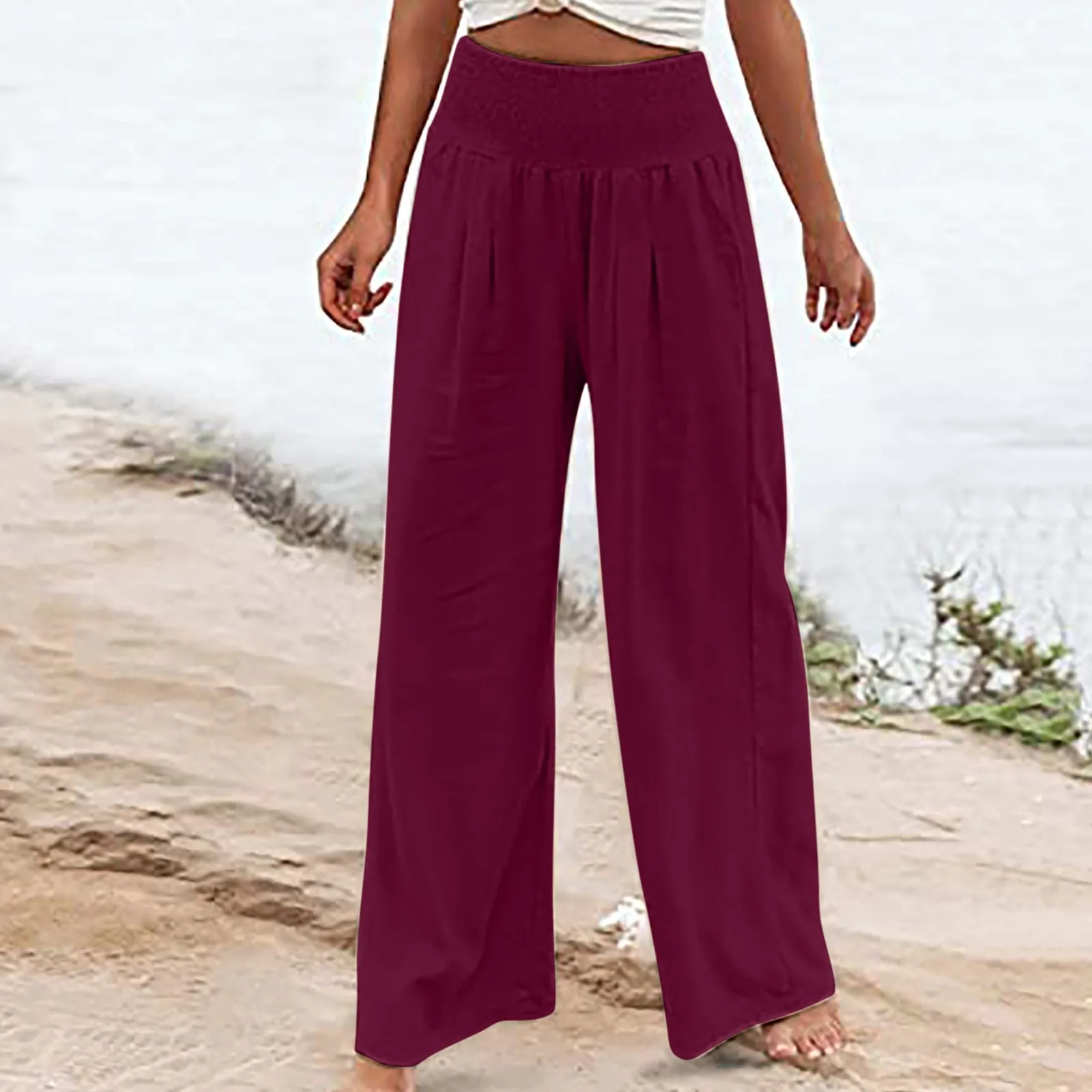 Calça comprida de algodão estilo linho feminina, calça solta de lazer, cintura alta, praia ruched, perna larga com bolso, verão, outono