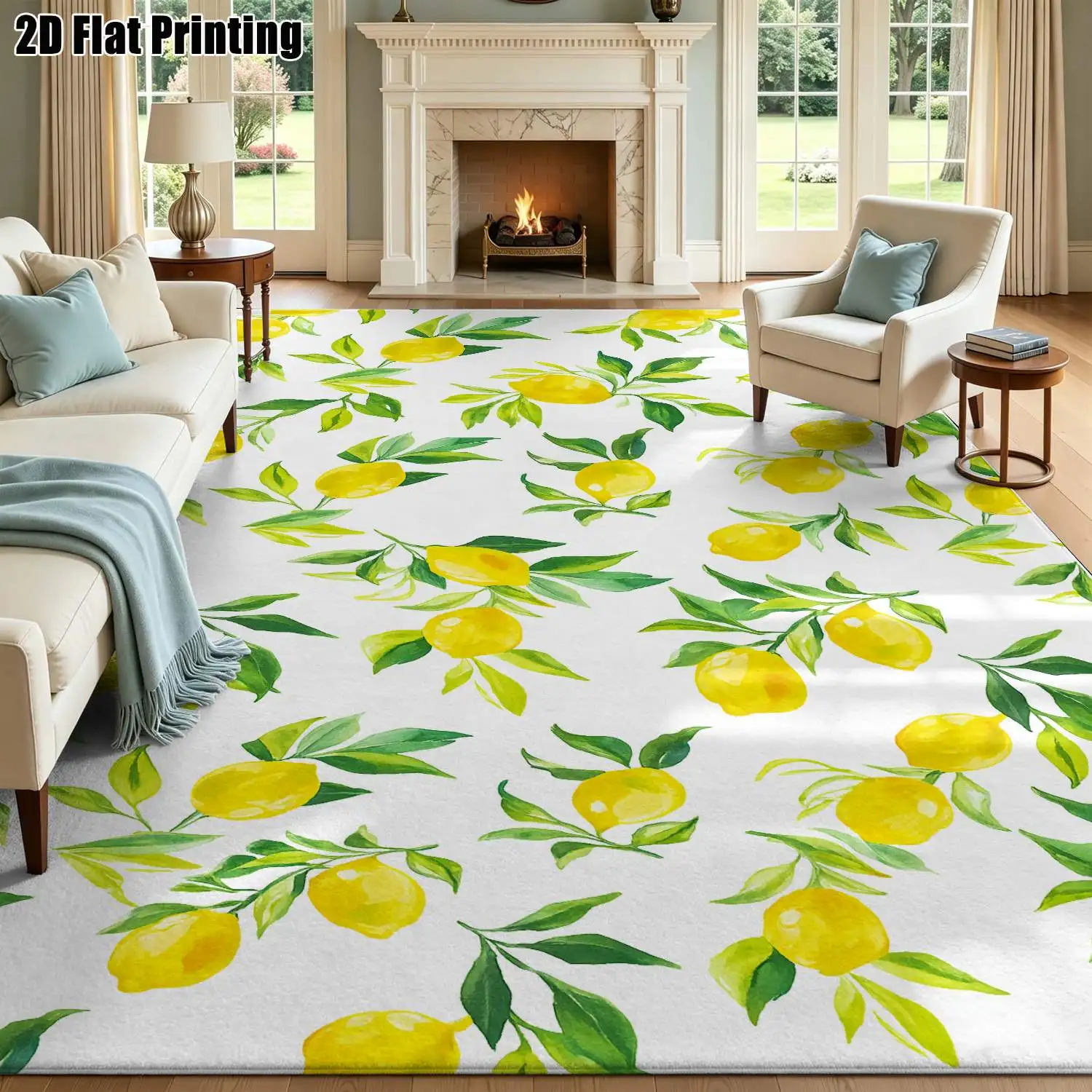 1Pc 2D Printed Carpet: Yellow Lemon Pattern, Nordic/Instagram/Modern Minimalist/European Fresh Plant Theme, Home Decor, Multiple Sizes, Machine Washable For Entrance/Dining Room/Foyer/Bedroom/Living Room/Study.