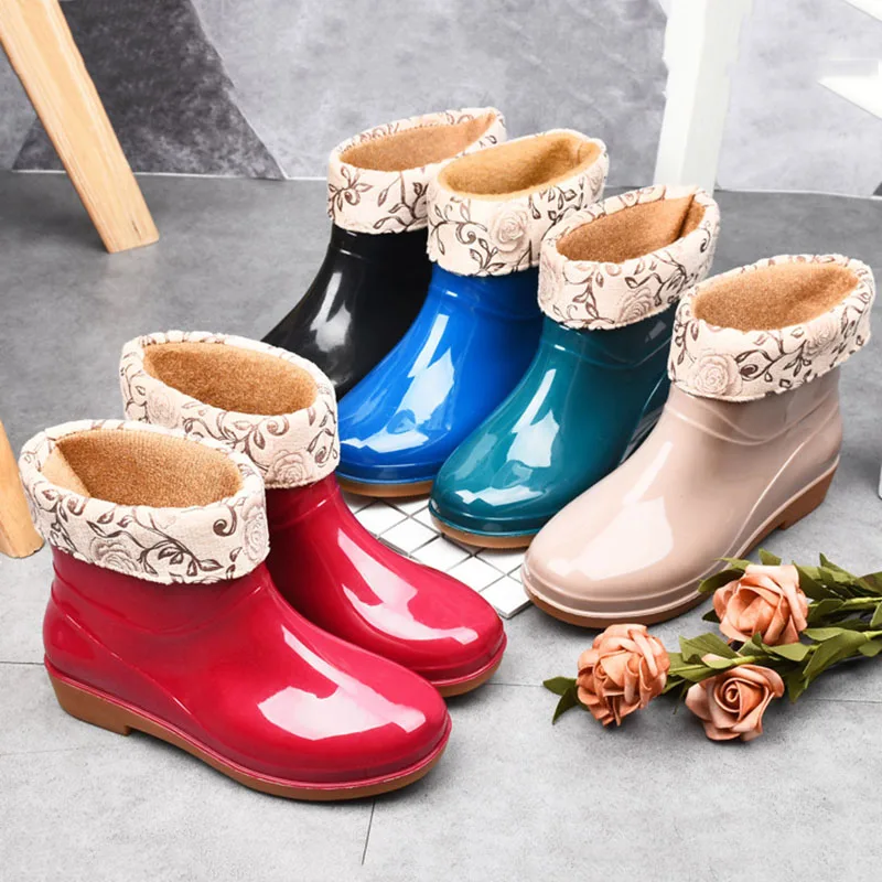 Women Ankle Rain Boots Waterproof Rubber Shoes Colorful Spring Autumn Ladies Waterproof Slip On Boot Shoes for The Rain No-slip