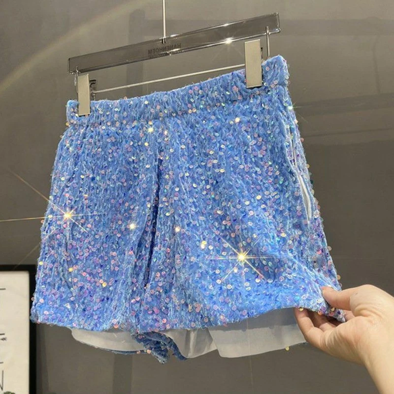 Damen Pailletten-Shorts mit elastischem Bund, glitzernde Hose, schmale Passform, lässige Hose, Nachtclub, Halloween, Festival, Party, Bühnenshow, Y2K-Shorts – Detail 6