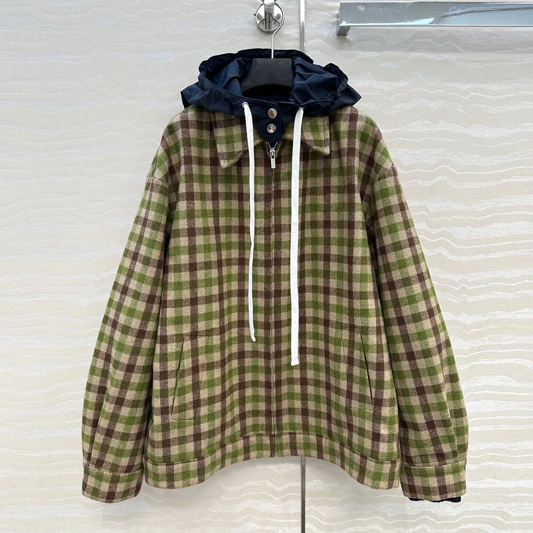 

New Autumn Winter Wool Blends Woolen Plaid Coat Women Hooded Splice Lapel Zipper Long Sleeve Contrast Plaid Loose Vintage Jacket