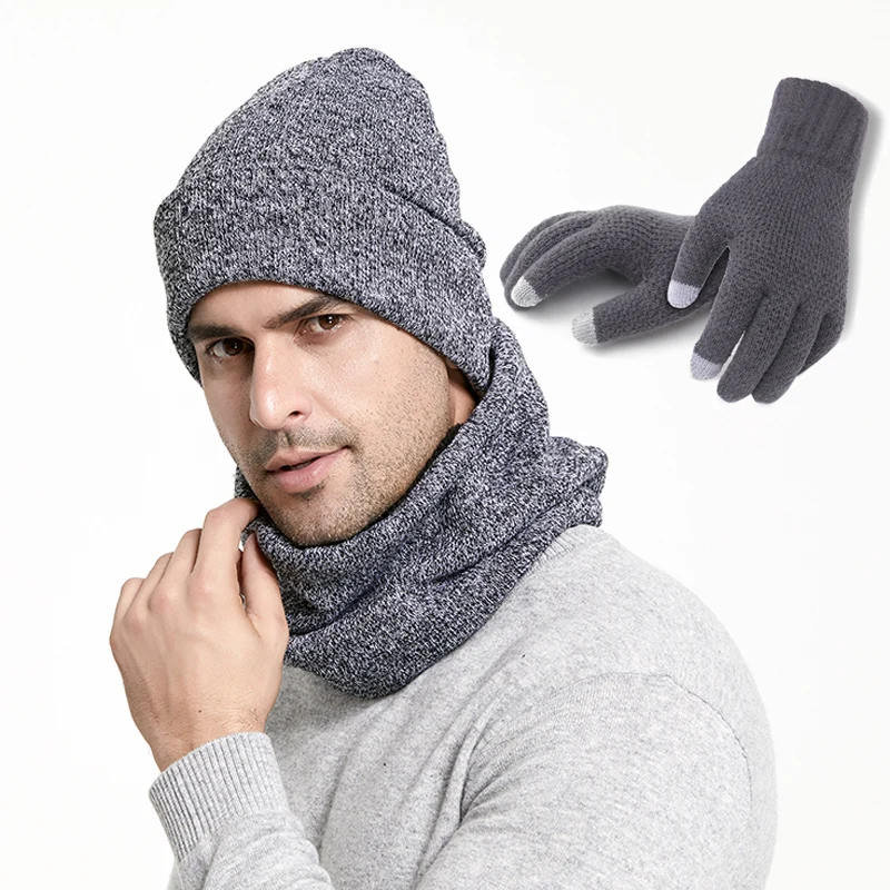 Inverno Uomo Cappelli Sciarpe Guanti Set di Modo Lavorato A Maglia Più di Velluto Cappello Della Sciarpa Kit Set Maschio 3 pezzi/set Berretti