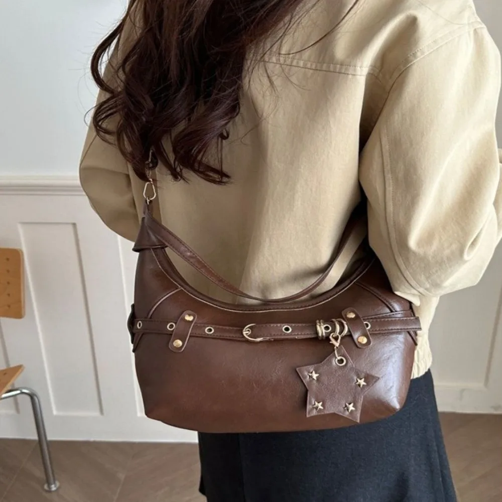 Fashion Vintage Style Underarm Bag Belt Decor PU Leather Shoulder Bag Retro Motorcycle Bag Women