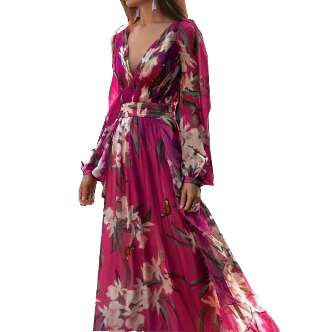 2025 Vestido de mujer estampado de verano con cuello en V, manga larga, falda completa, moda