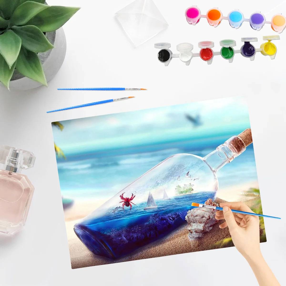 PhotoCustom Landscape Paints By Numbers Drift Bottle With Frame Coloring By Numbers For Adult Kits On Canvas Wall Art Gift