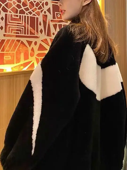 معطف نسائي من Thiened Fce كبير الحجم مصنوع من صوف الحمل كاجوال Sle Street Faion ملابس خارجية شتوية من ألياف البوليستر