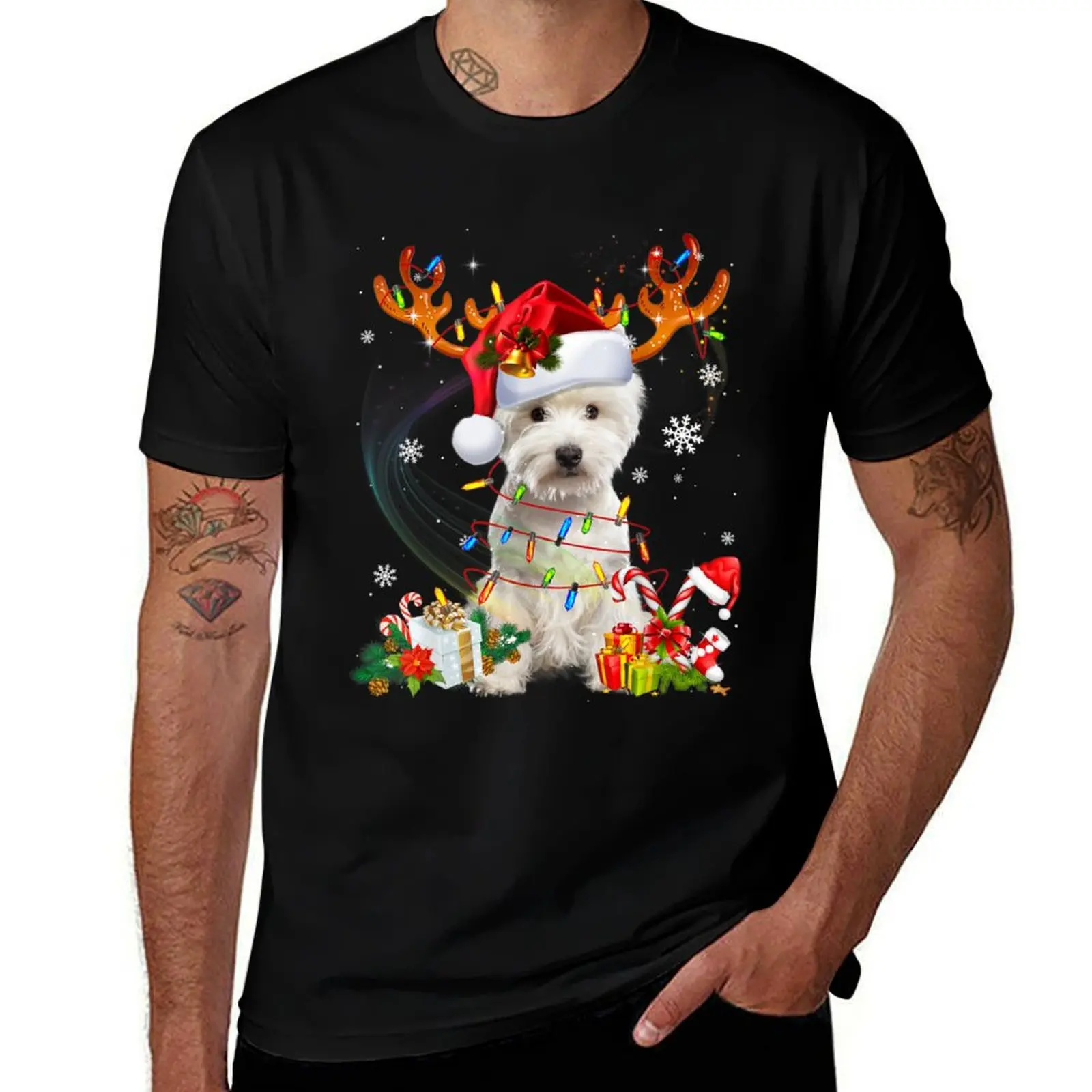 

quality Christmas Westie t Reindeer T-Shirt cotton cotton shirt high shirts man 100% Funny cotton t Xmas Dog Lights 100% tshirt