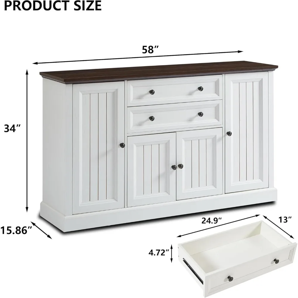 خزانة بوفيه خشبية ريفية مع مساحة تخزين وخزانة بار قهوة طويلة تتميز بأدراج كبيرة وأبواب الحظيرة المزخرفة #2