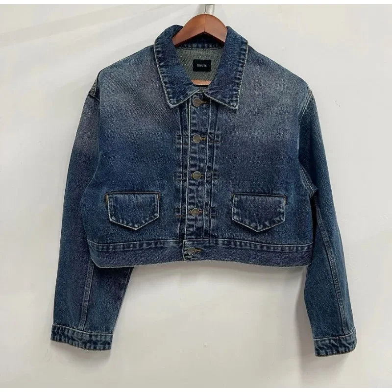 KH @ IT-Long-Sleeved Denim Jacket for Women, Versatile Casual Jacket, Y2K Coat, Short Dress, Navy Blue, New