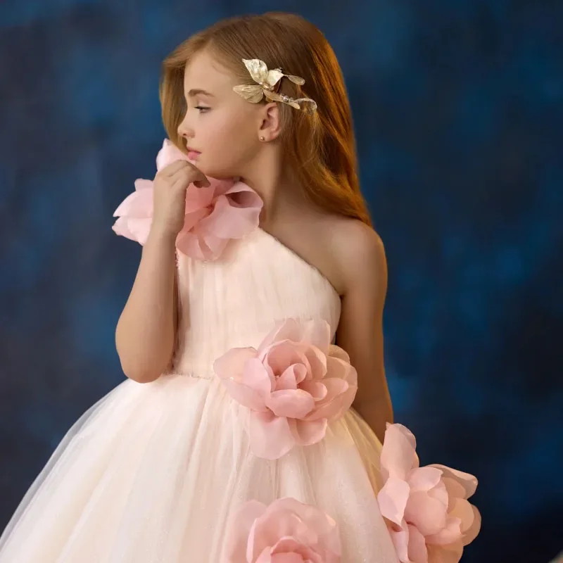 فستان فتاة الزهور JDY مخصص فستان تول وردي مع زهور طازجة بكتف واحد لحفلات الزفاف وأعياد الميلاد وحفلات الأميرة #3